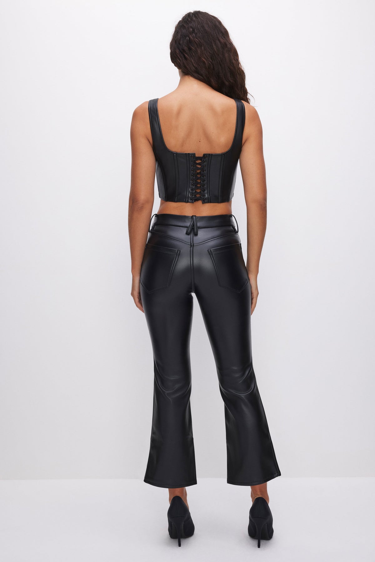 GOOD LEGS CROPPED MINI BOOT FAUX LEATHER PANTS BLACK001