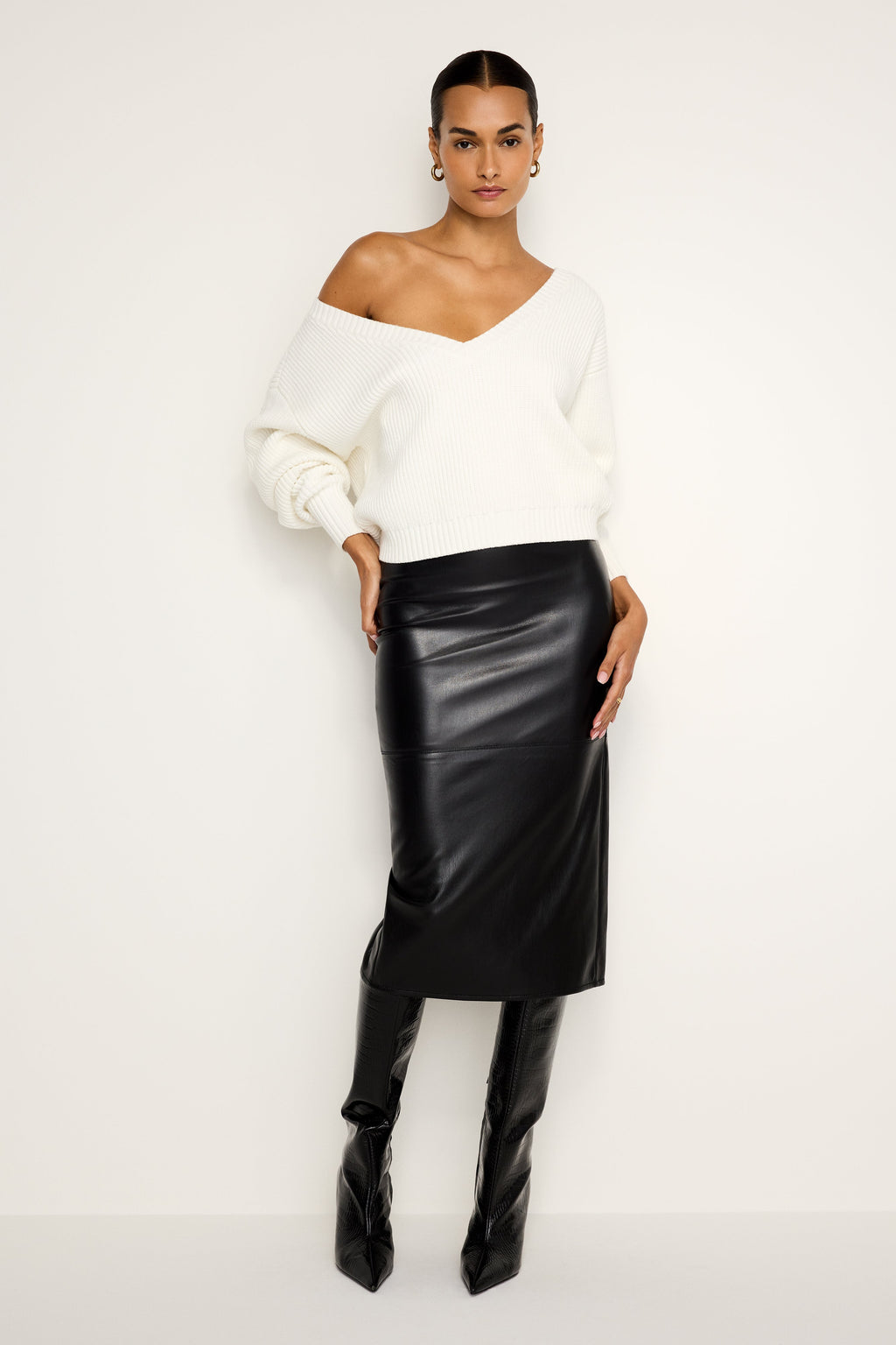 FAUX LEATHER MIDI SKIRT BLACK001