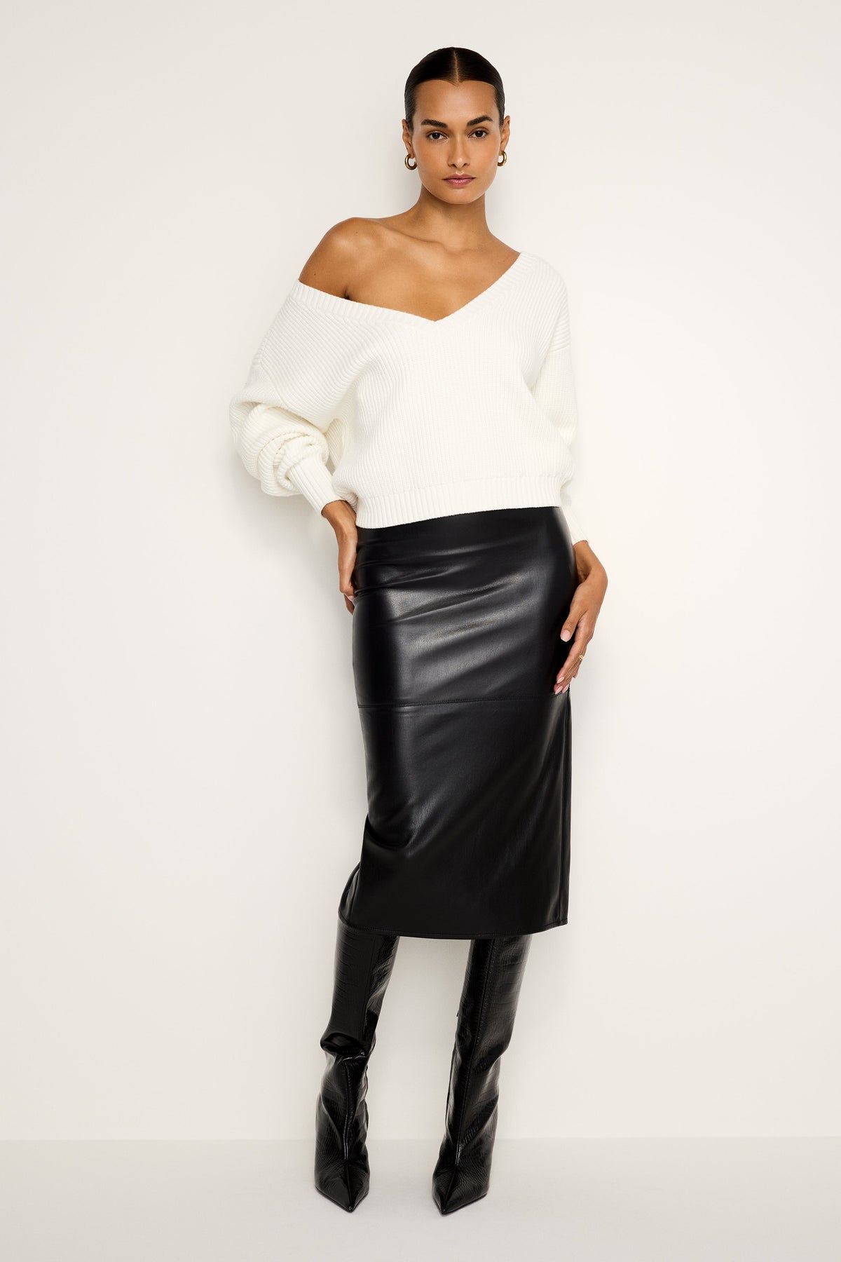 FAUX LEATHER MIDI SKIRT BLACK001