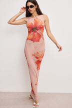 GAUZE MESH MAXI DRESS MAUVE TROPICAL HIBISCUS001