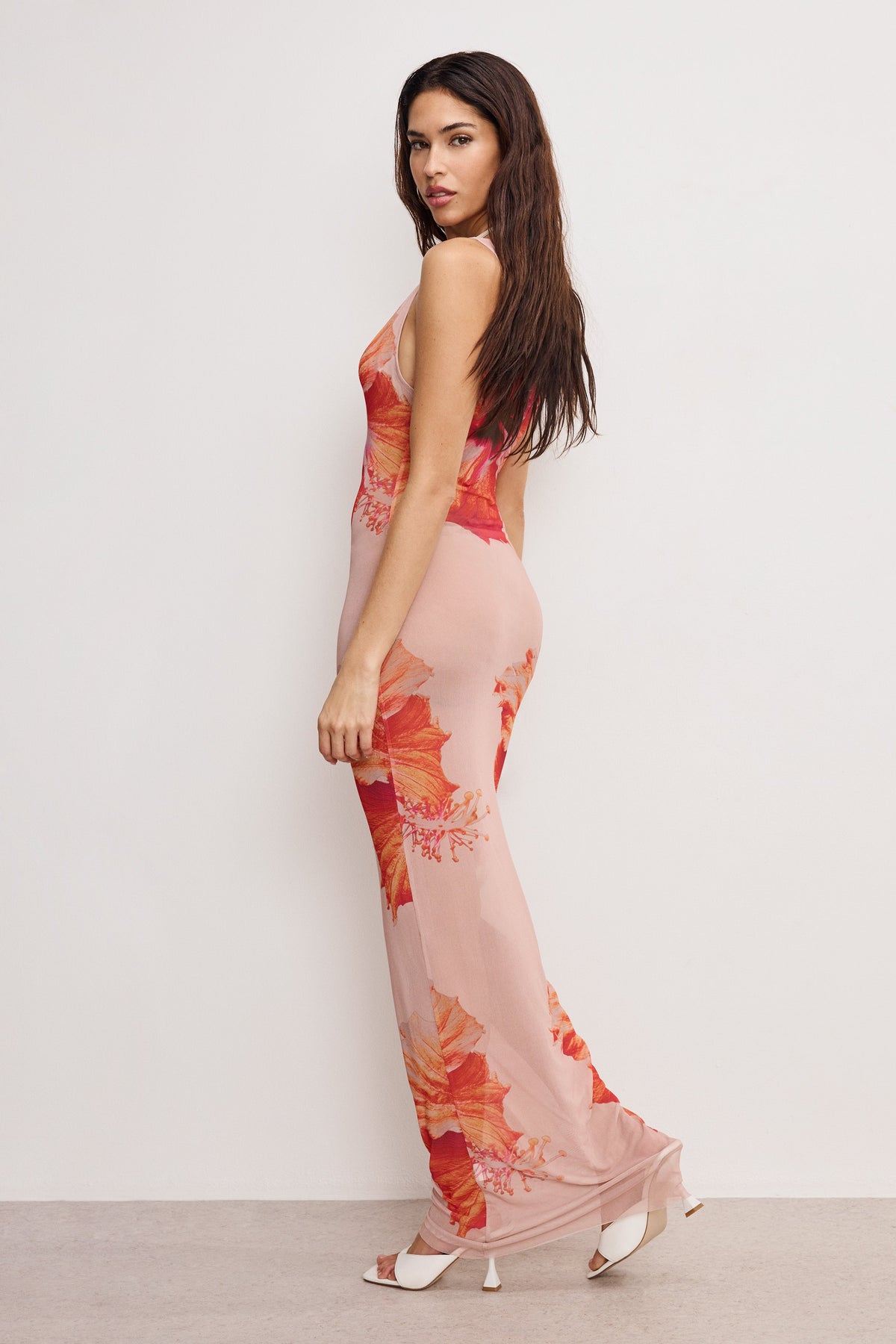 GAUZE MESH MAXI DRESS MAUVE TROPICAL HIBISCUS001