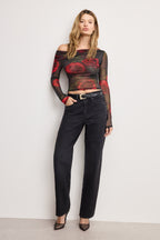 MESH RUCHED ASYMMETRIC TOP MOODY RED ROSES001