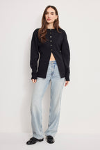 EXAGGERATED SLEEVE CARDIGAN SWEATER BLACK001