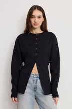 EXAGGERATED SLEEVE CARDIGAN SWEATER BLACK001