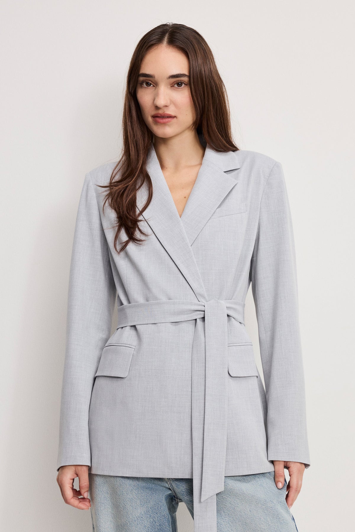 ESSENTIAL SUITING BELTED BLAZER CROSSHATCH GREY