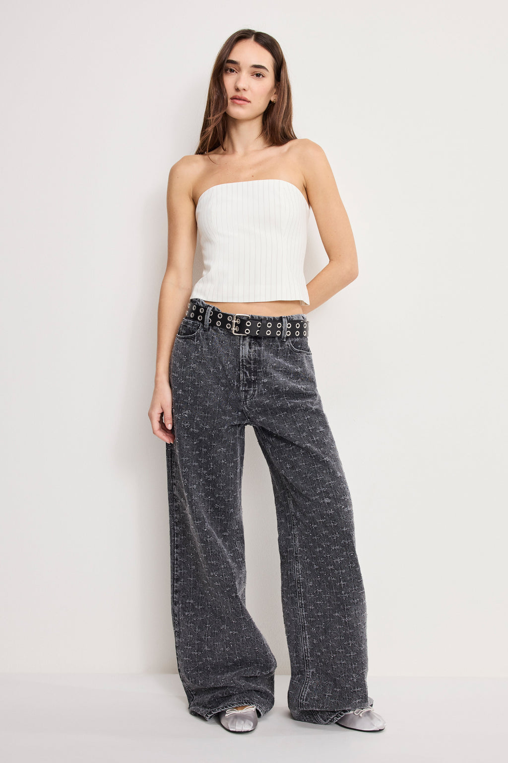 ESSENTIAL SUITING STRAPLESS TOP CHESTNUT PIN STRIPE