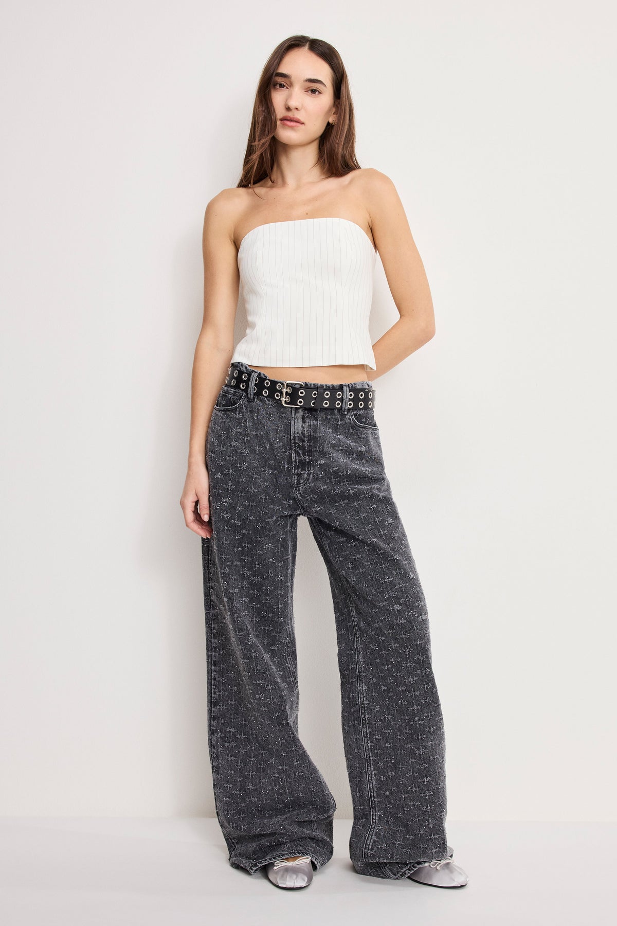 ESSENTIAL SUITING STRAPLESS TOP CHESTNUT PIN STRIPE