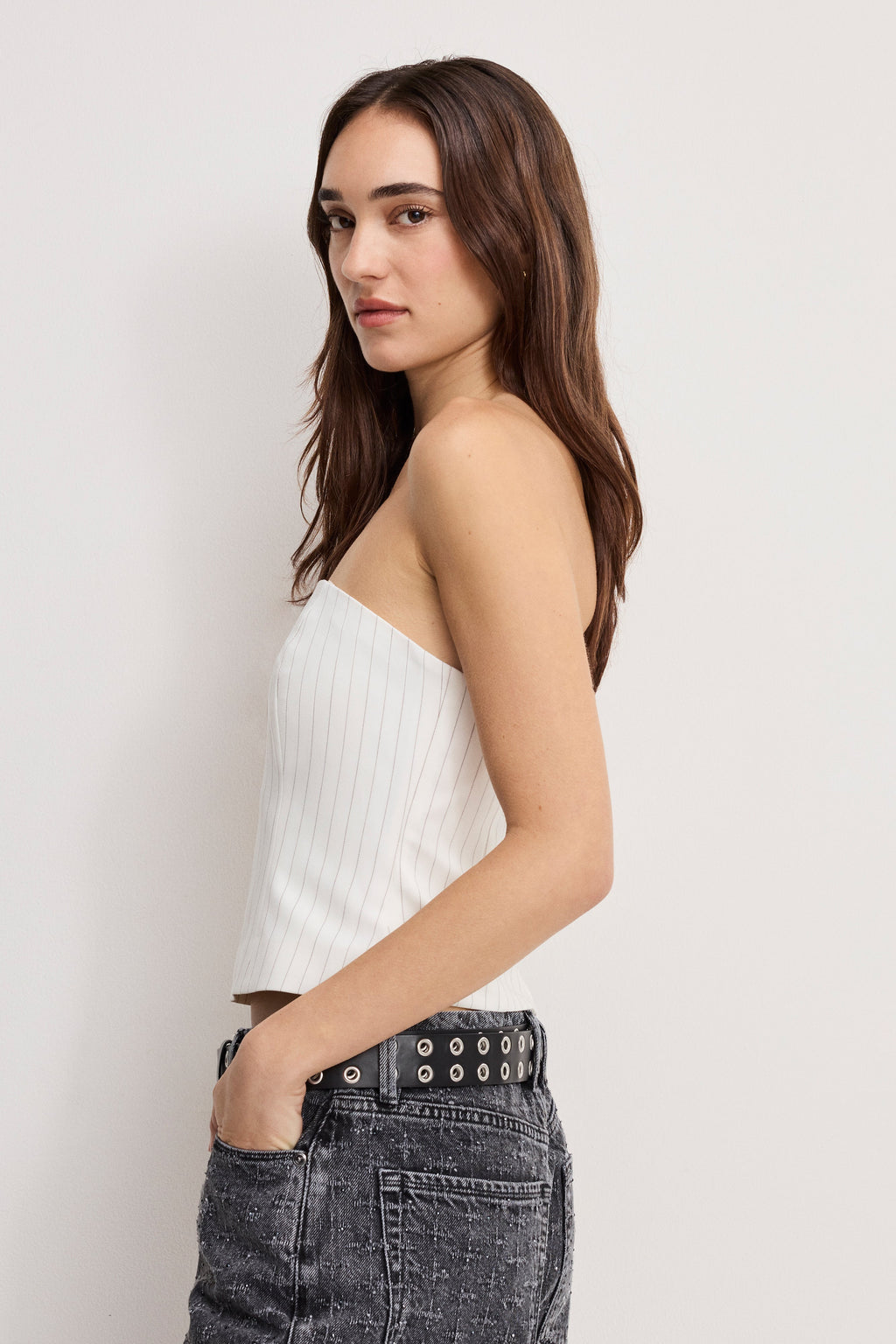 ESSENTIAL SUITING STRAPLESS TOP CHESTNUT PIN STRIPE