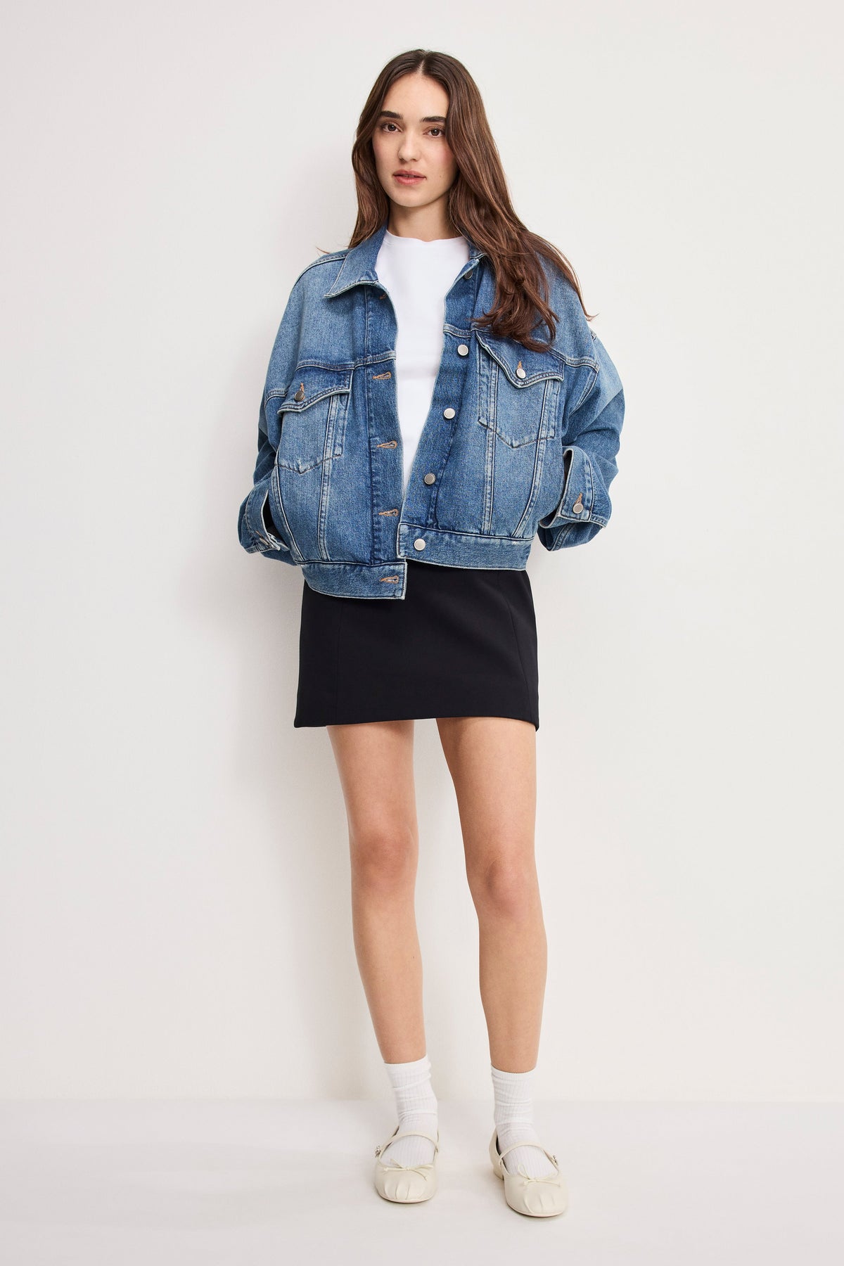 CROPPED PLEATED TRUCKER JACKET INDIGO1100