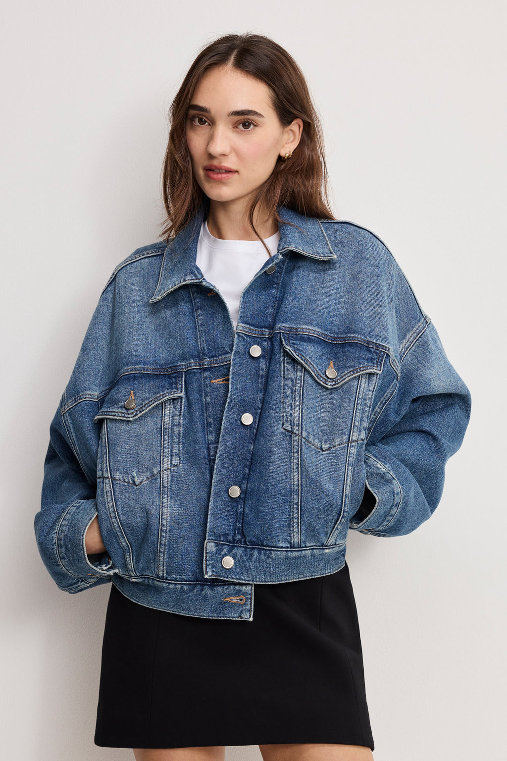 CROPPED PLEATED TRUCKER JACKET INDIGO1100