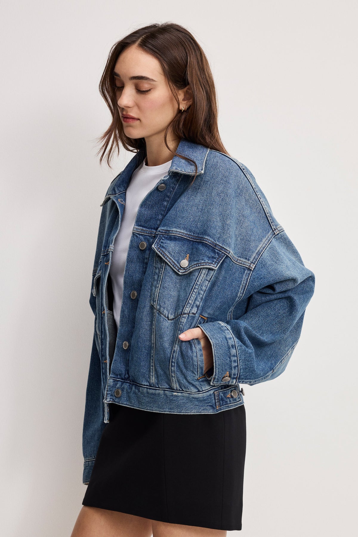 CROPPED PLEATED TRUCKER JACKET INDIGO1100