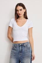 SUPER STRETCH V NECK BABY TEE WHITE001