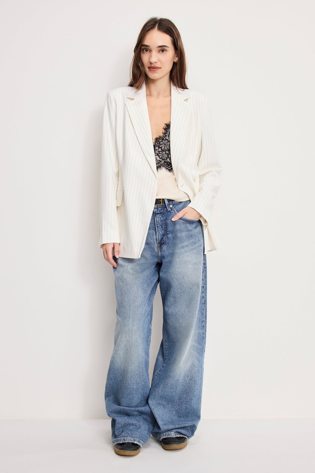 ESSENTIAL SUITING BELTED BLAZER CHESTNUT PIN STRIPE