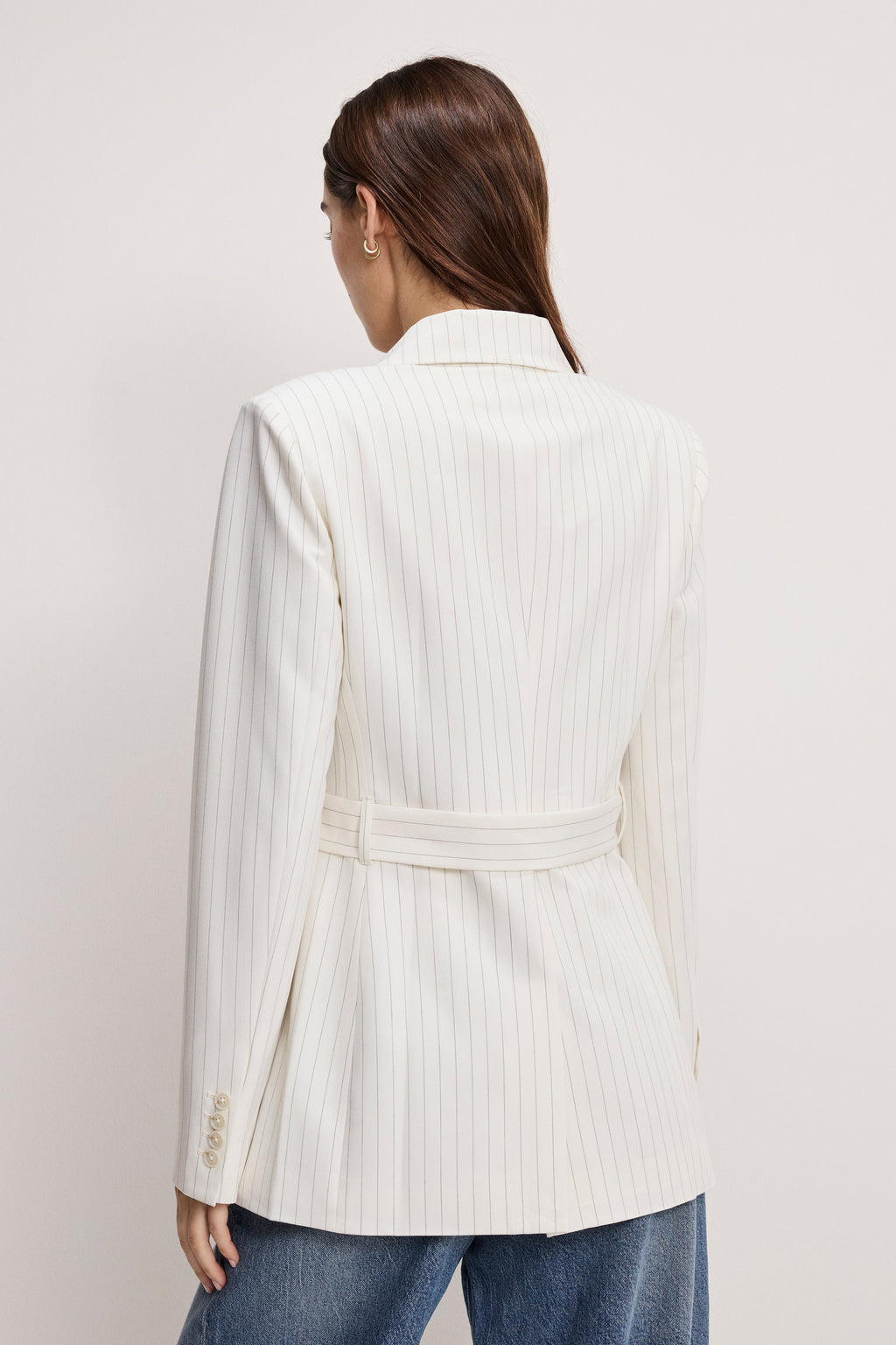 ESSENTIAL SUITING BELTED BLAZER CHESTNUT PIN STRIPE