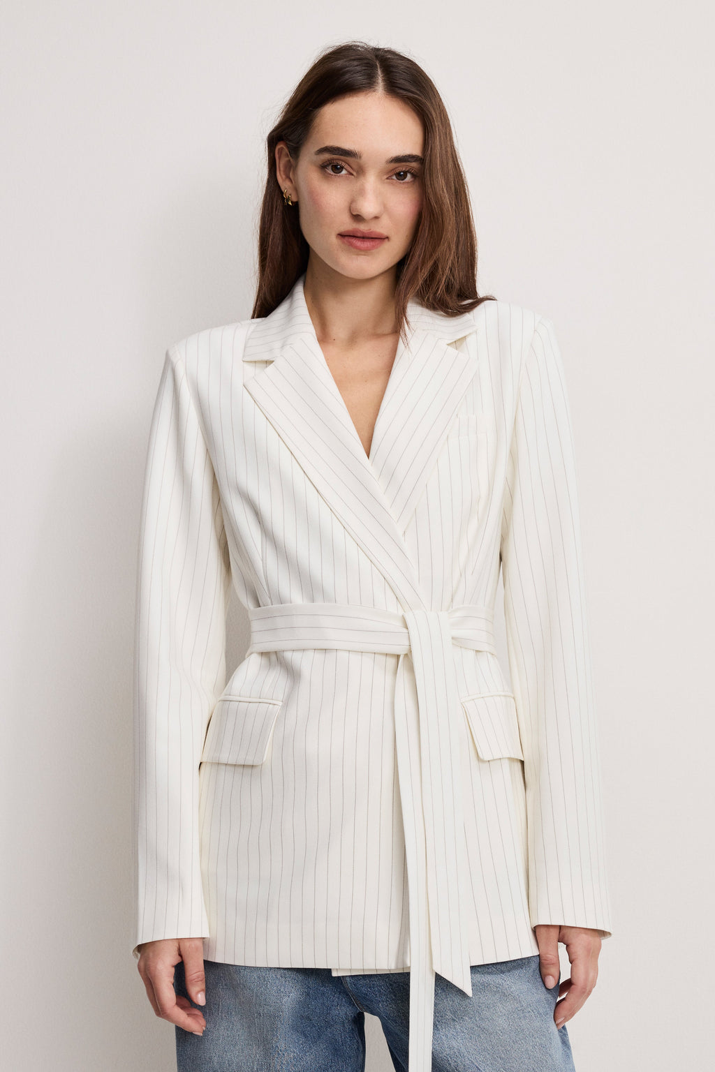 ESSENTIAL SUITING BELTED BLAZER CHESTNUT PIN STRIPE