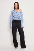 OFF-SHOULDER POPLIN BODYSUIT INDIGO STRIPE