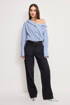 OFF-SHOULDER POPLIN BODYSUIT INDIGO STRIPE