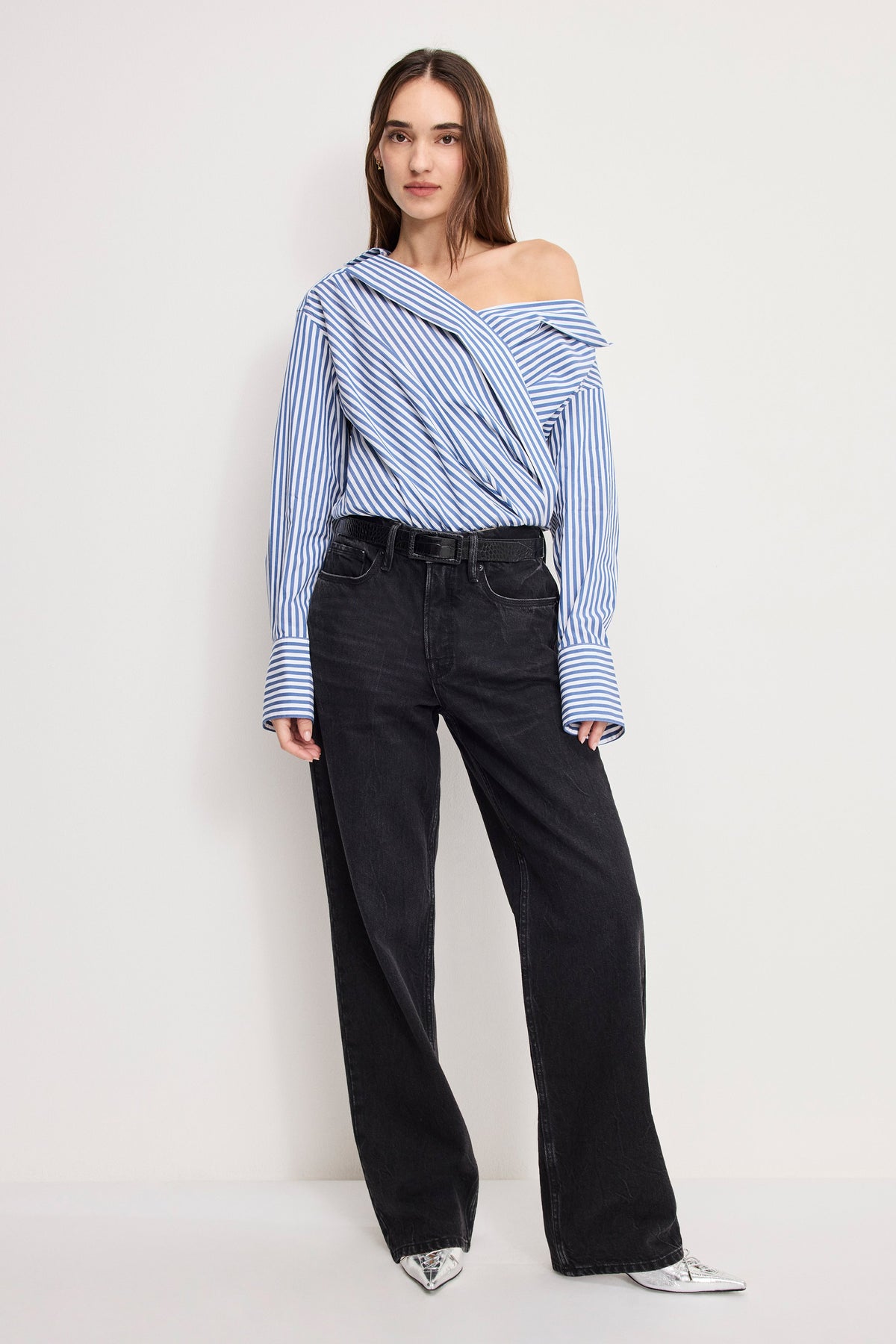 OFF-SHOULDER POPLIN BODYSUIT INDIGO STRIPE
