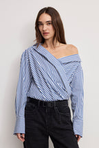 OFF-SHOULDER POPLIN BODYSUIT INDIGO STRIPE
