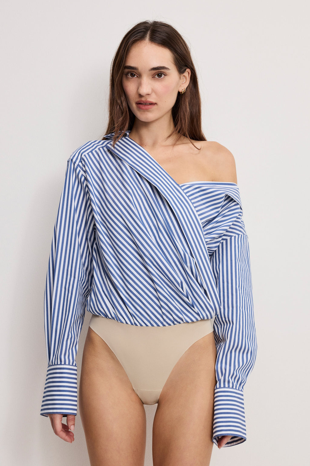 OFF-SHOULDER POPLIN BODYSUIT INDIGO STRIPE