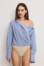 OFF-SHOULDER POPLIN BODYSUIT INDIGO STRIPE