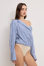 OFF-SHOULDER POPLIN BODYSUIT INDIGO STRIPE