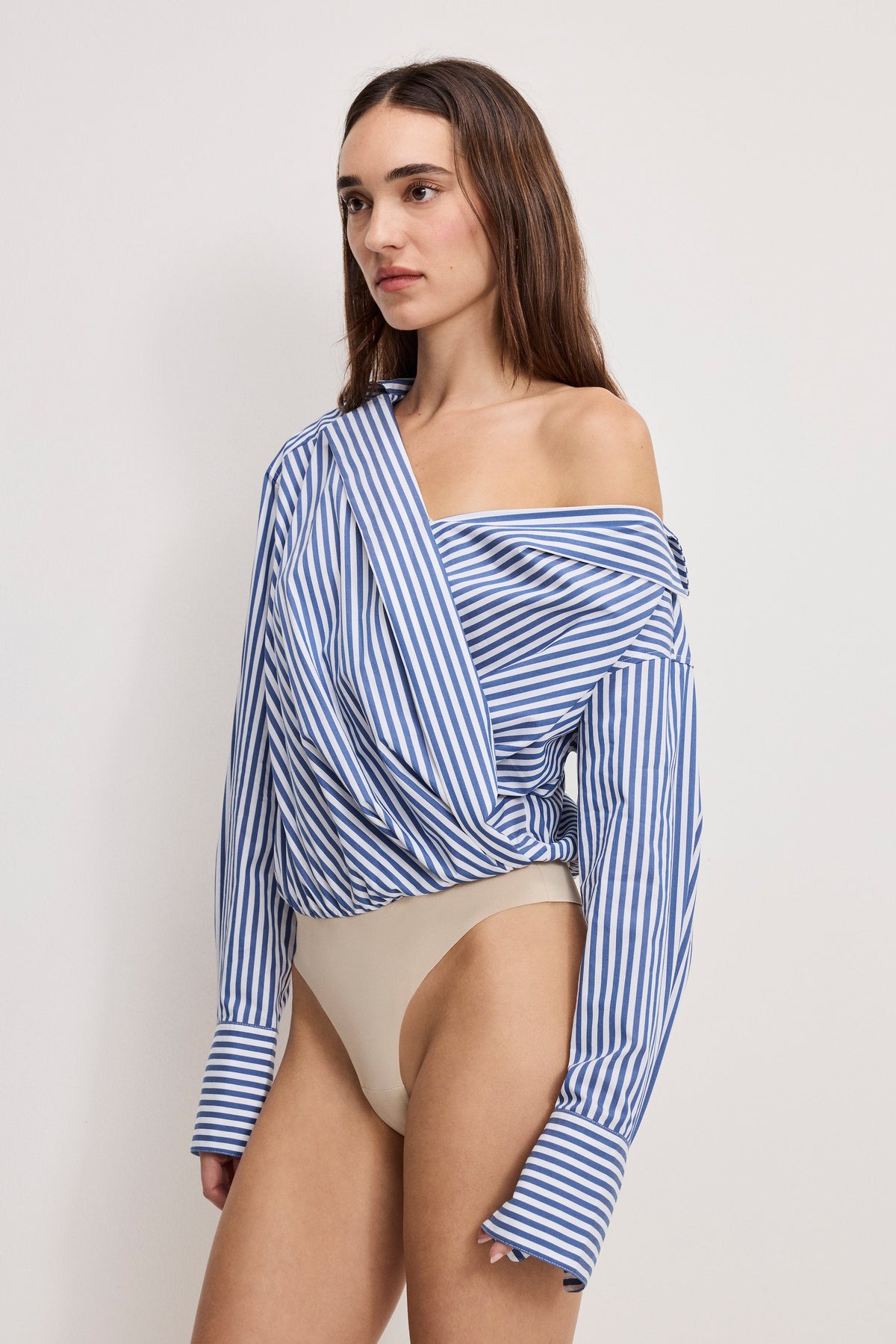 OFF-SHOULDER POPLIN BODYSUIT INDIGO STRIPE