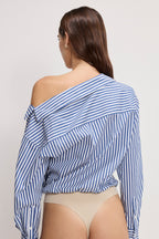 OFF-SHOULDER POPLIN BODYSUIT INDIGO STRIPE