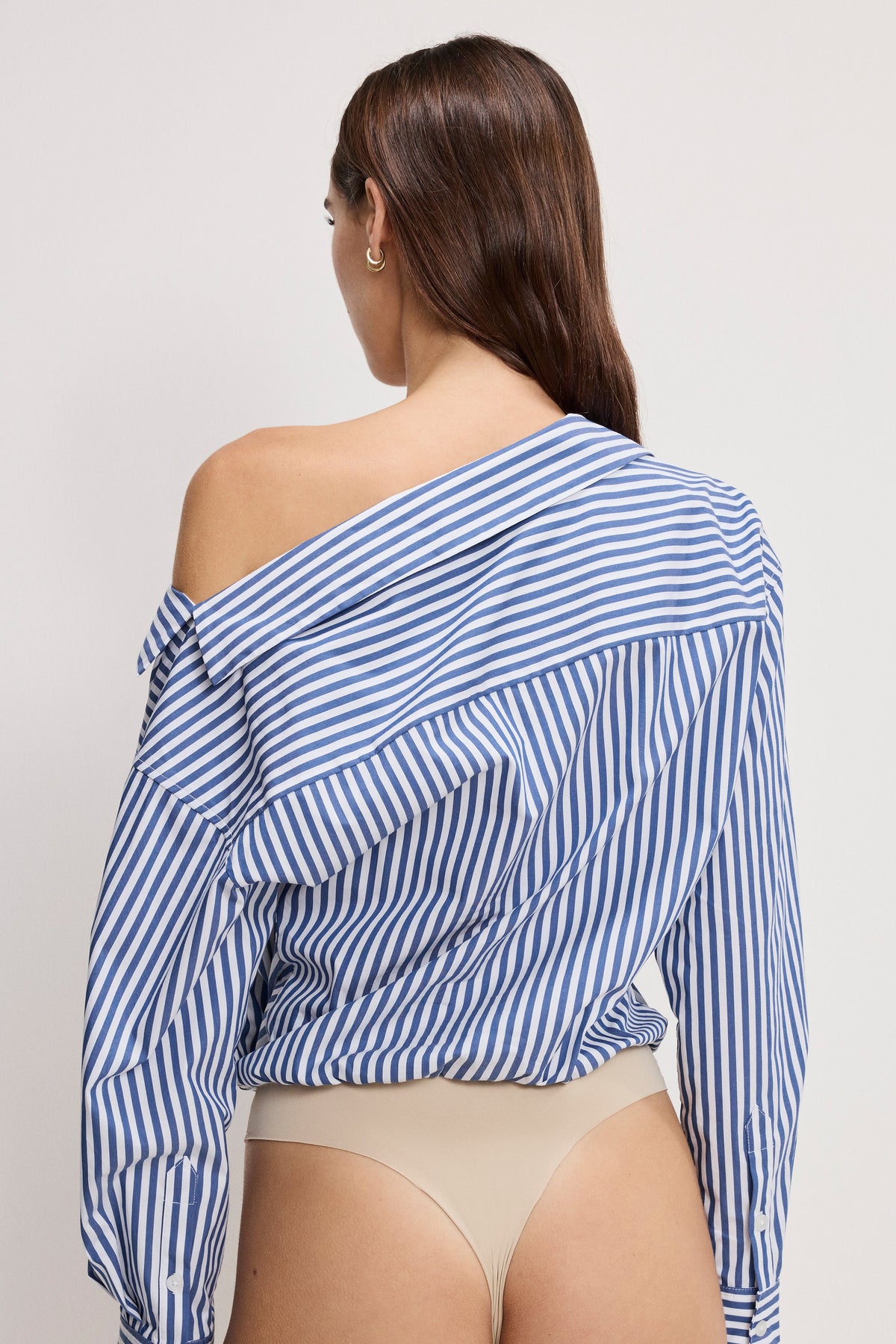 OFF-SHOULDER POPLIN BODYSUIT INDIGO STRIPE
