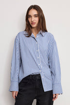 POPLIN OVERSIZED SHIRT W BUTTON ADJUSTABLE WAIST INDIGO STRIPE