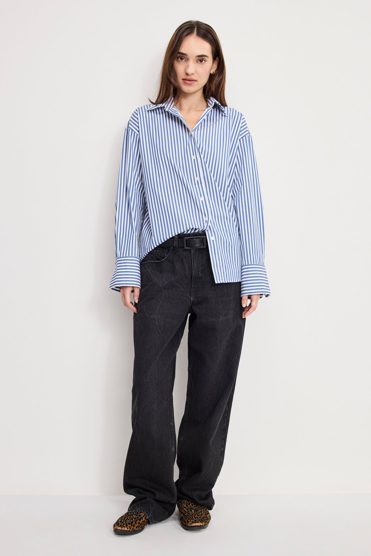 POPLIN OVERSIZED SHIRT W BUTTON ADJUSTABLE WAIST INDIGO STRIPE
