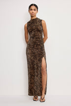 VELVET HIGH NECK MAXI DRESS MINI LUCKY LEOPARD