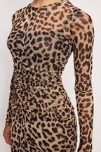 MESH RUCHED MAXI DRESS LUCKY LEOPARD001