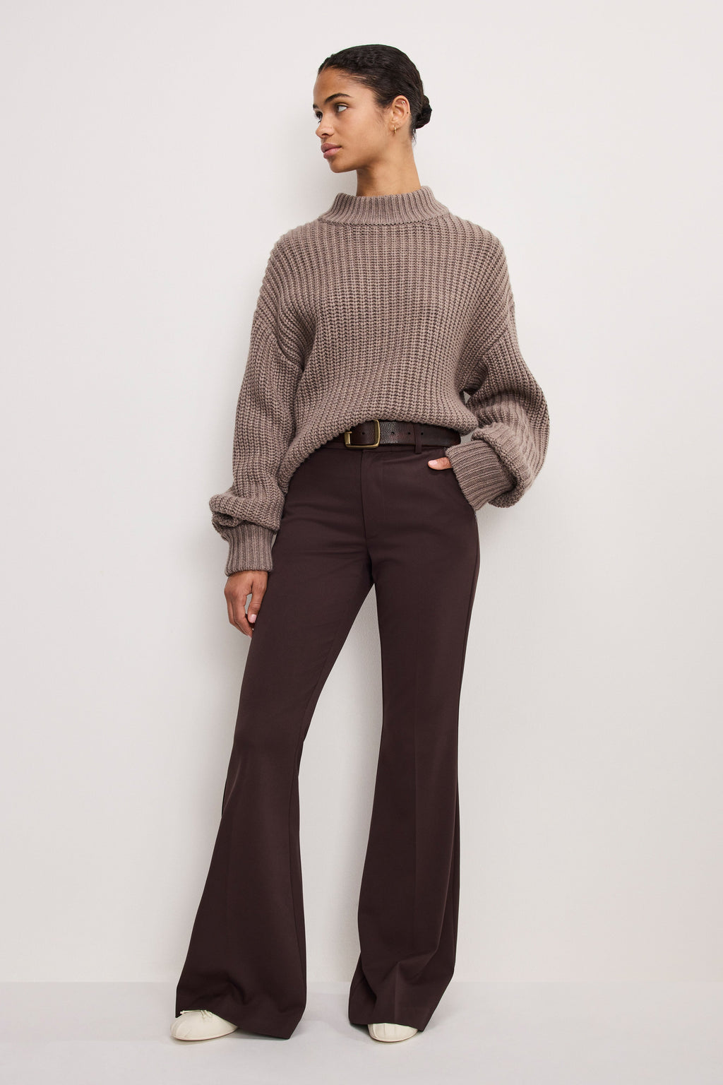 ESSENTIAL SUITING FLARE TROUSERS DARK CHOCOLATE