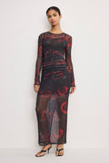 MESH RUCHED MAXI DRESS MOODY RED ROSES001