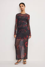 MESH RUCHED MAXI DRESS MOODY RED ROSES001