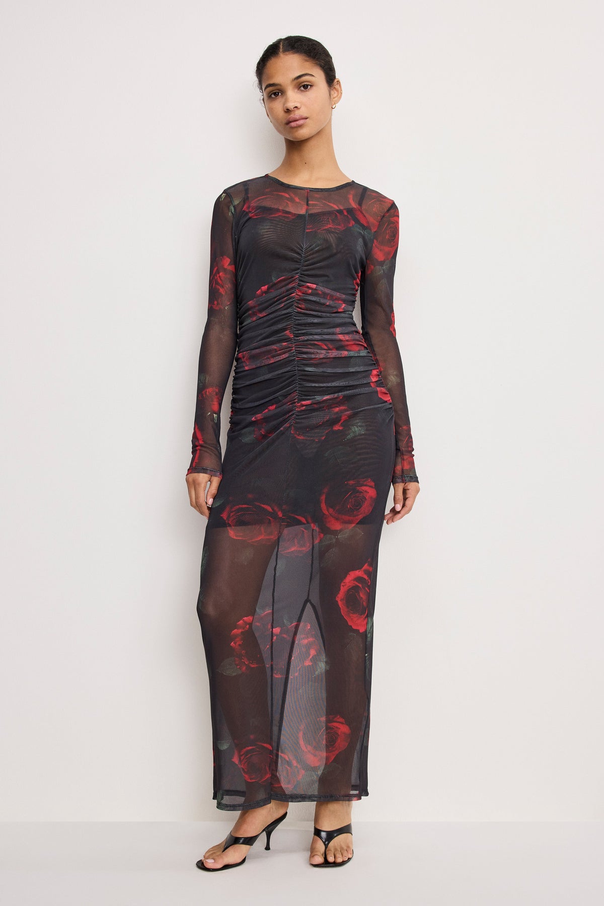 MESH RUCHED MAXI DRESS MOODY RED ROSES001