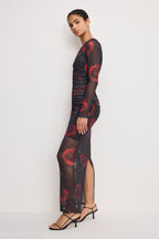 MESH RUCHED MAXI DRESS MOODY RED ROSES001