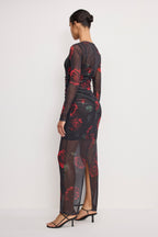 MESH RUCHED MAXI DRESS MOODY RED ROSES001