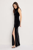 VELVET HIGH NECK MAXI DRESS BLACK001
