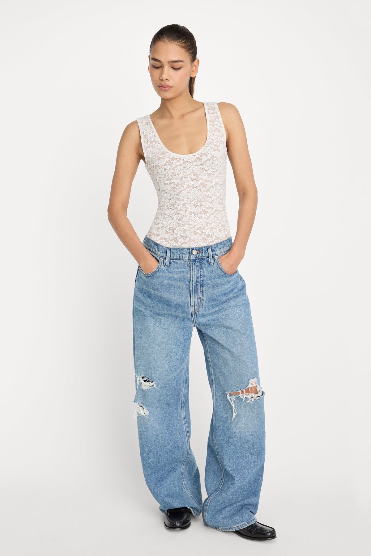STRETCH LACE SCOOP TANK BODYSUIT CHALK