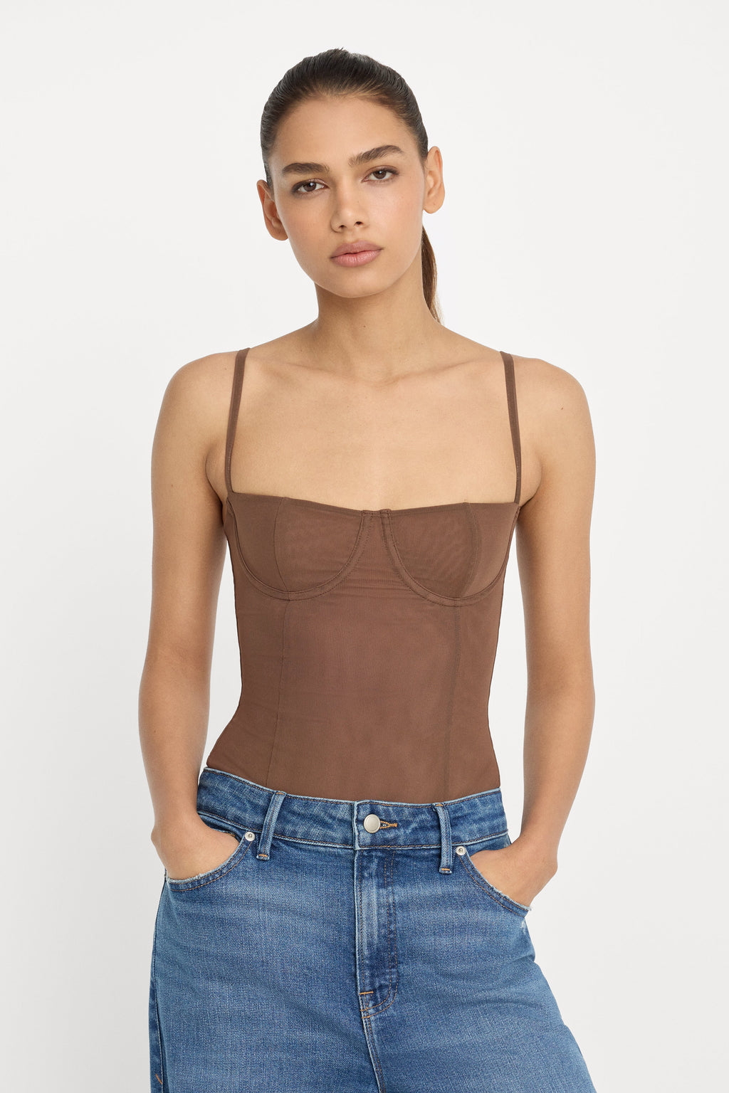MESH BUSTIER BODYSUIT SADDLEWOOD