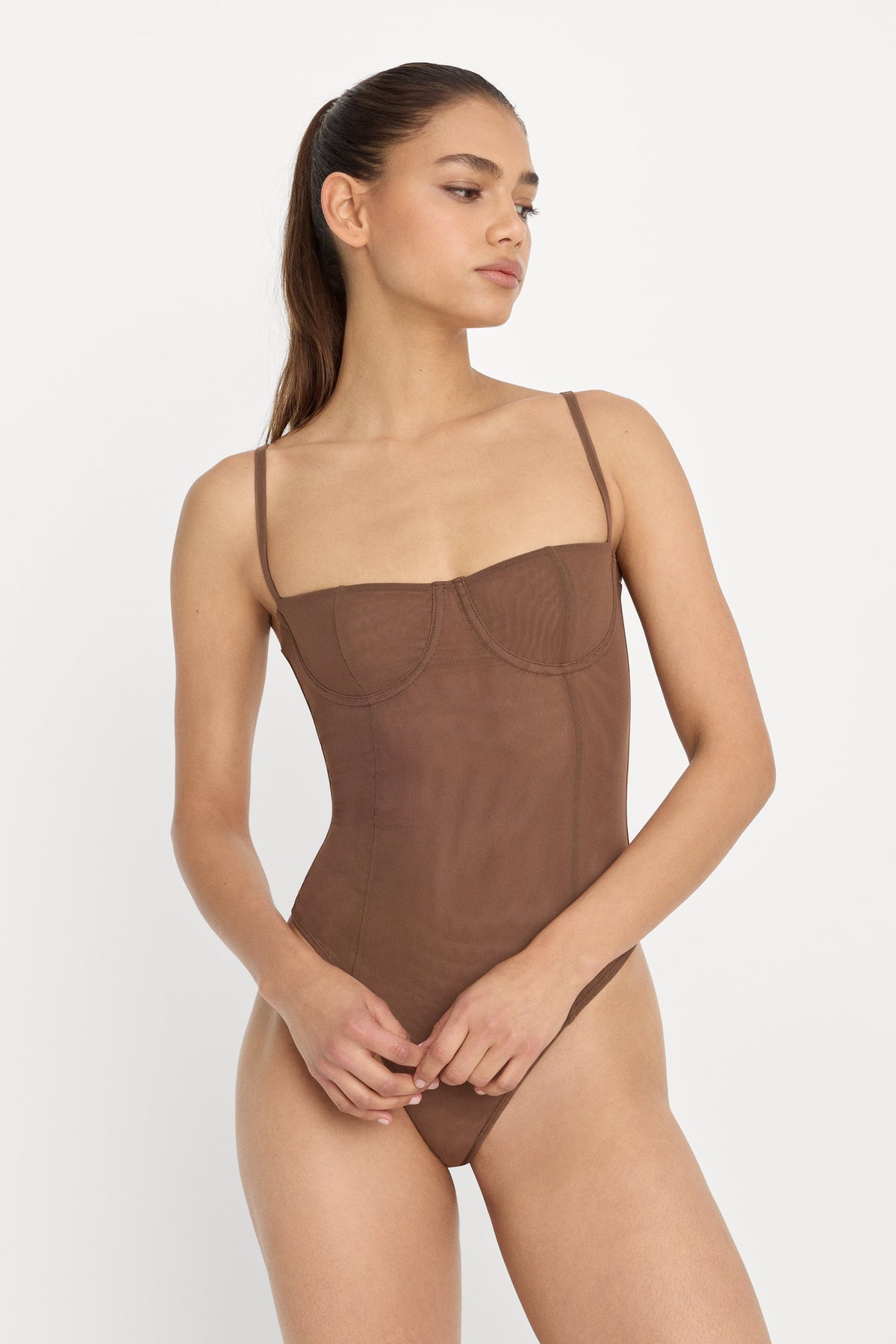 MESH BUSTIER BODYSUIT SADDLEWOOD