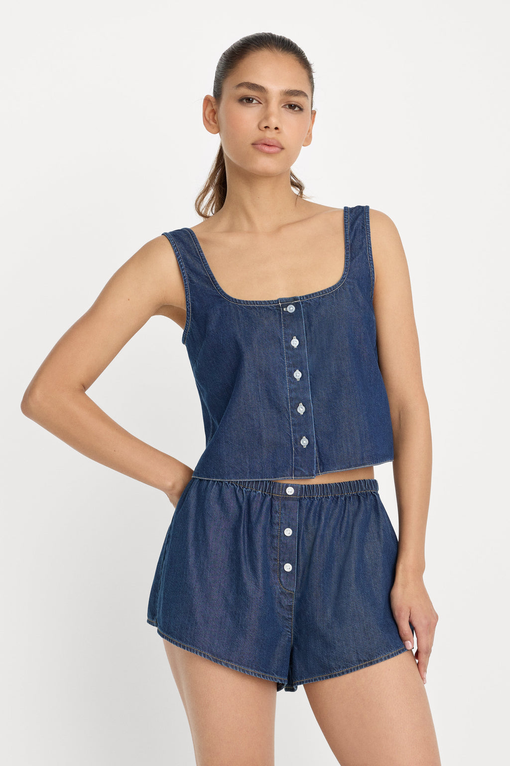 DENIM BUTTON FRONT TANK INDIGO1187