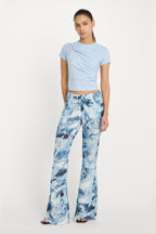 V WAIST CHIFFON FLARE PANTS BLUE ANGEL PRINT