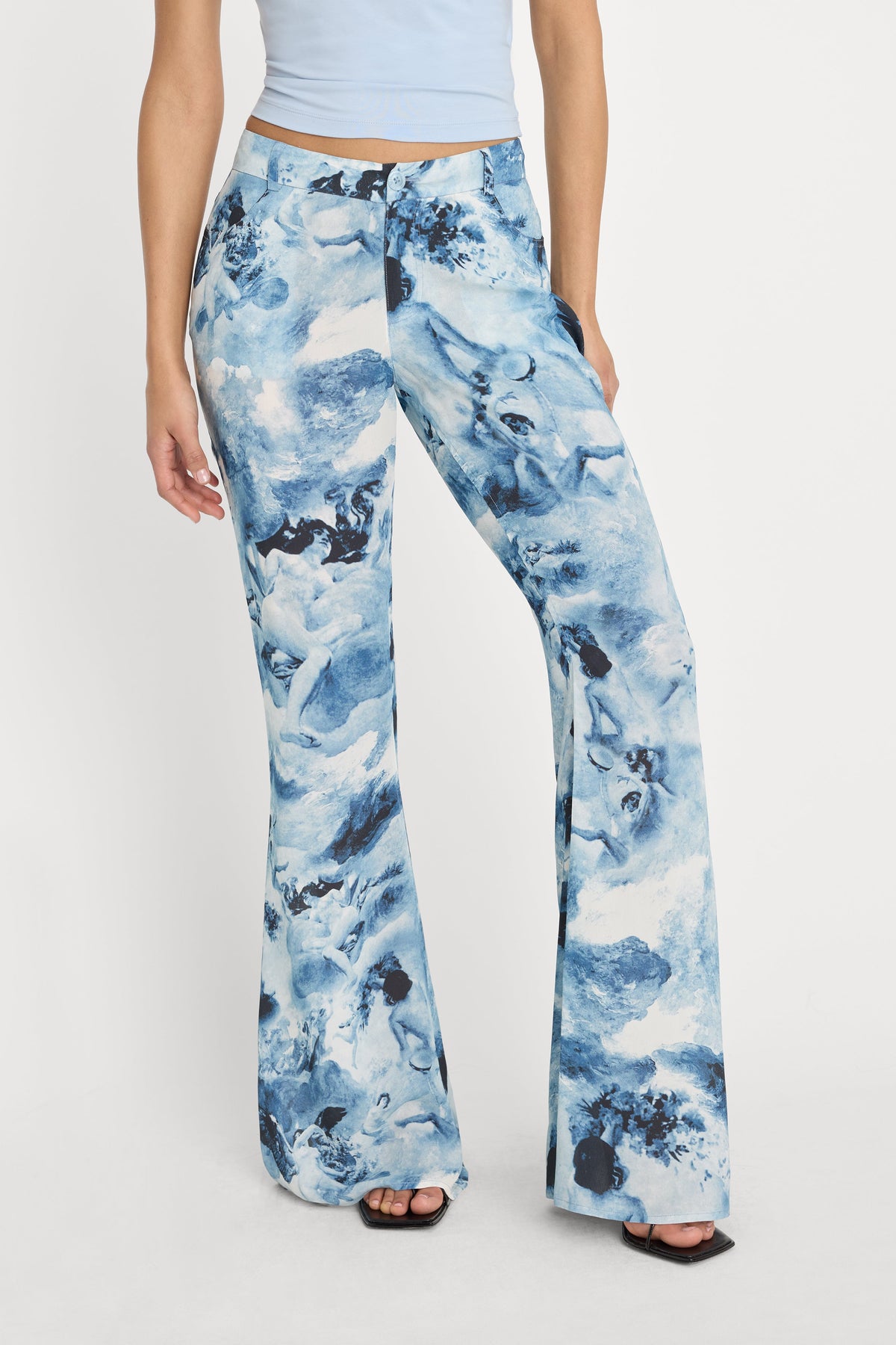 V WAIST CHIFFON FLARE PANTS BLUE ANGEL PRINT