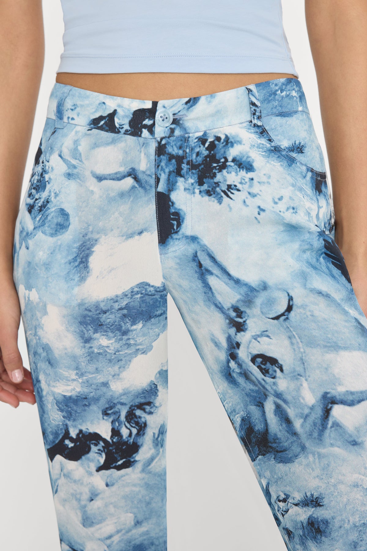 V WAIST CHIFFON FLARE PANTS BLUE ANGEL PRINT