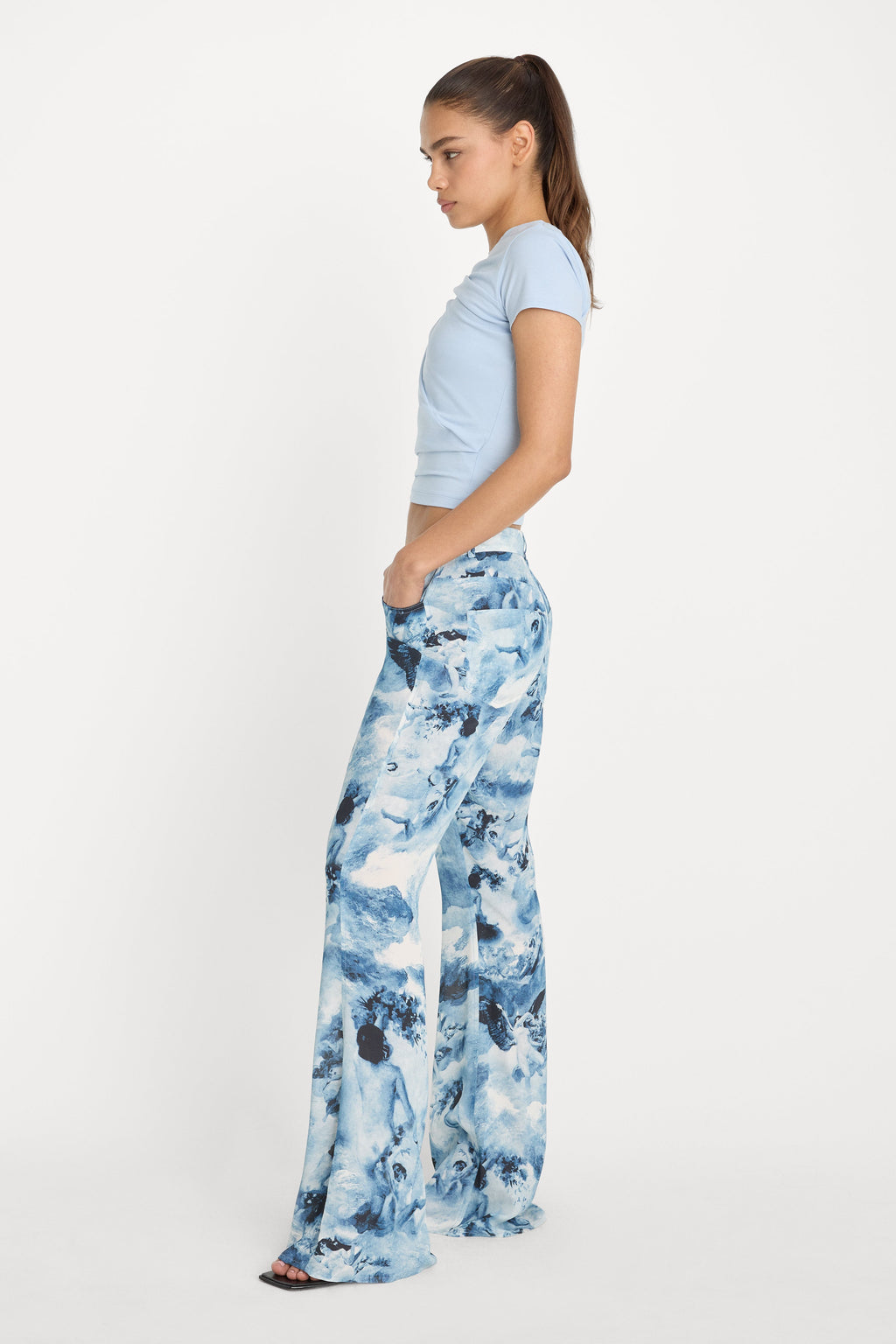 V WAIST CHIFFON FLARE PANTS BLUE ANGEL PRINT