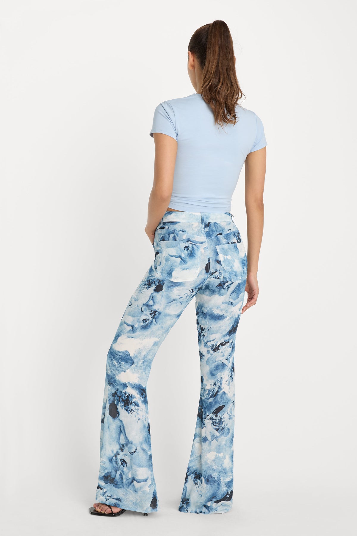 V WAIST CHIFFON FLARE PANTS BLUE ANGEL PRINT