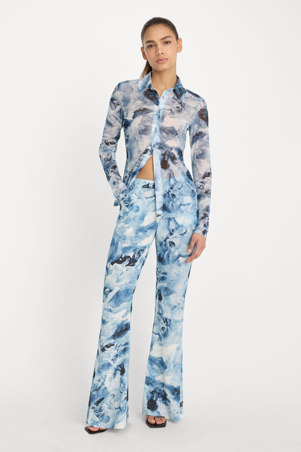 MESH BUTTON UP TOP BLUE ANGEL PRINT